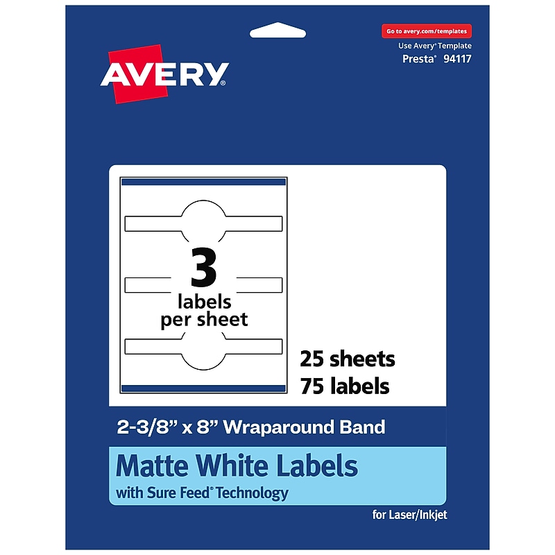 Avery Laser/Inkjet Multipurpose Labels, 8"  x 2.375", Matte White, 75/Pack (94117) image 1