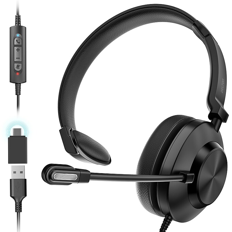 Delton 30Y MS Teams Noise-Canceling On-Ear Mono Computer Headset, USB Type-A & Type-C, Black (DWH30Y) image 1