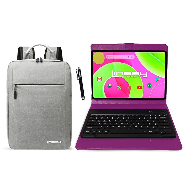 LINSAY 12" Octa Core Tablet, 8GB RAM, 256GB Storage, Android 14, Bundled with Purple Keyboard Case, Backpack and Stylus Pen image 1