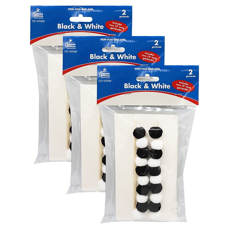 Carson Dellosa Education Black & White Pom-Pom Garland, 12 Feet, 2/Pack, 3 Packs/Bundle (CD-107009-3) image 1