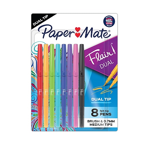 Paper Mate Flair DUAL Felt Pen, Twin Tip Point, Assorted Ink, 8