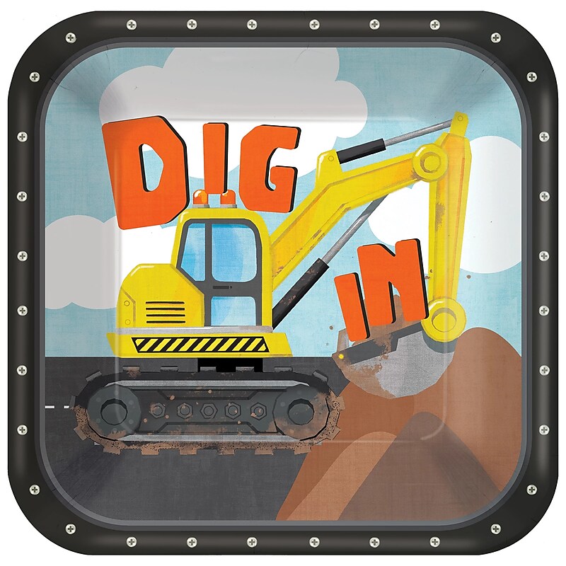 Party City Construction Party 9" Paper Plates, Multicolored, 8 Plates/Pack (AM557976) image 1