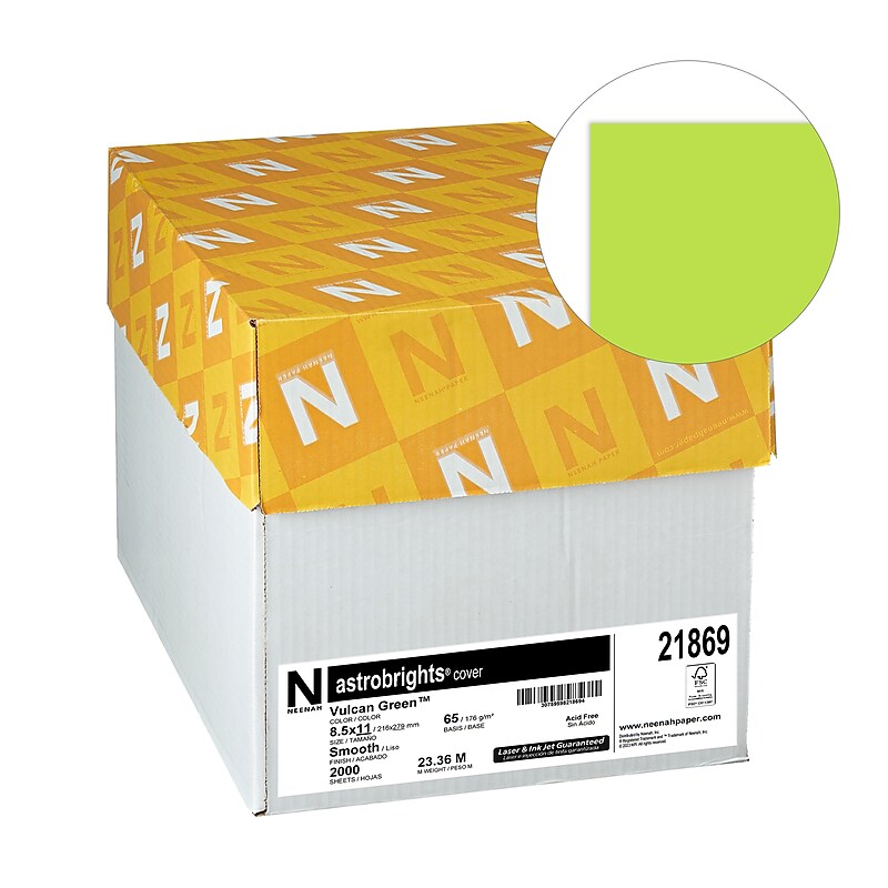 Astrobrights 65 lb. Cardstock Paper, 8.5" x 11", Vulcan Green, Carton, 250 Sheets/Ream, 8/Ream (WAU21869CT) image 1