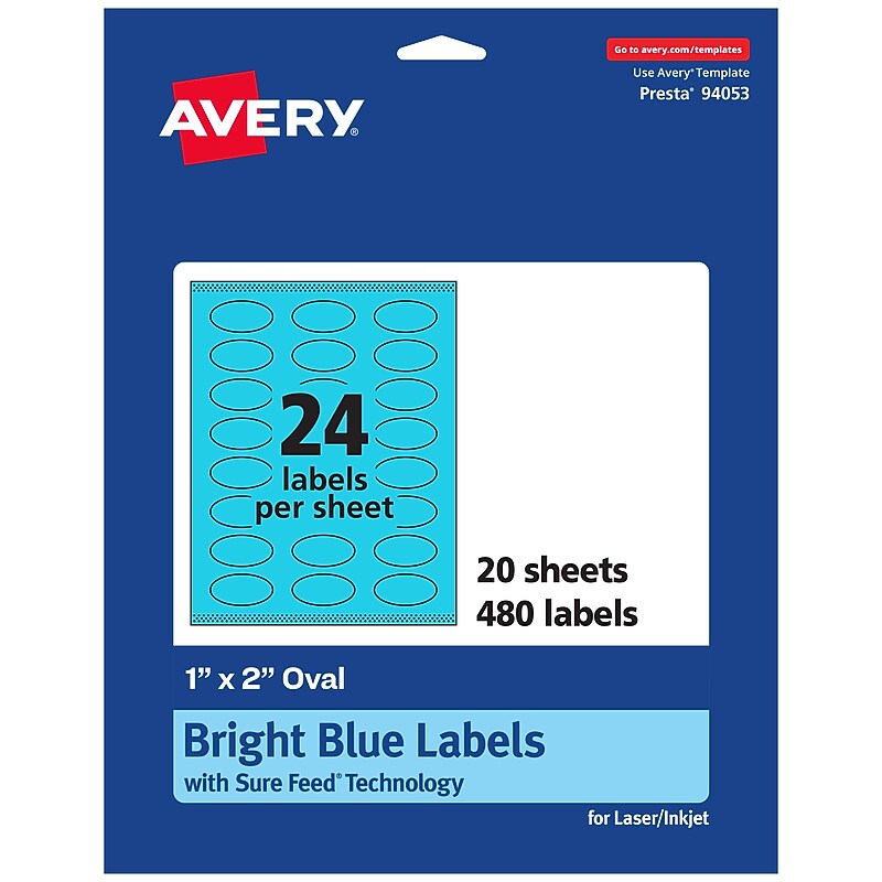 Avery Printable Oval Multipurpose Labels, 1" x 2", Bright Blue, 480/Pack (94053) image 1