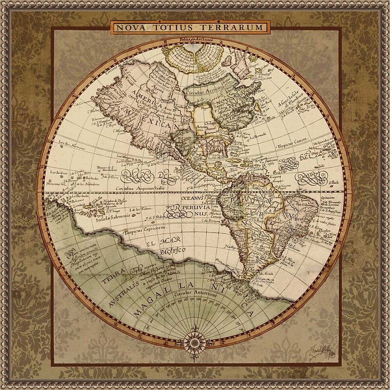 Amanti Art Damask World Map I by Elizabeth Medley Framed Canvas Wall Art Print, 22" x 22" (A42678299413) image 1