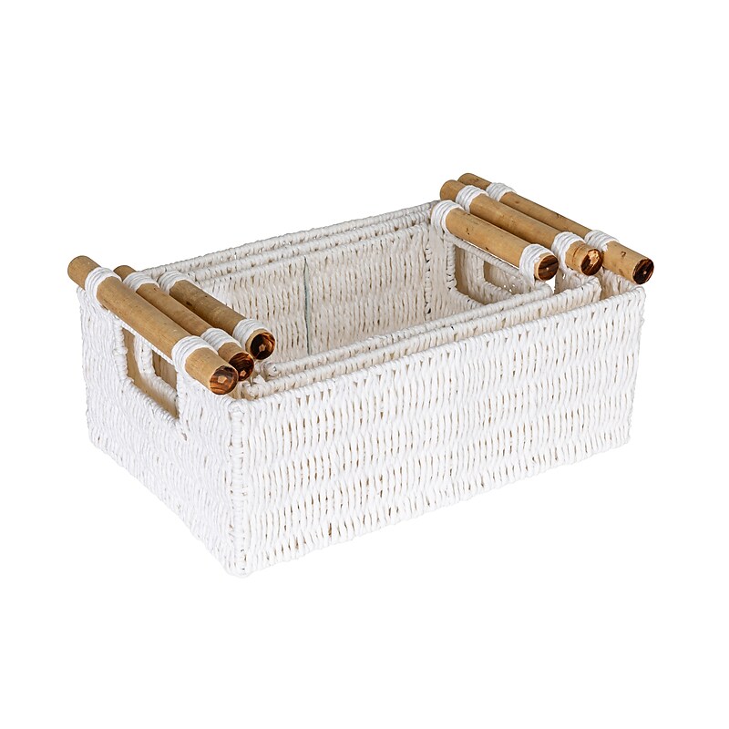 Household Essentials Woven Storage Wicker Basket with Handles, White, 3/Set (HE1103) image 1