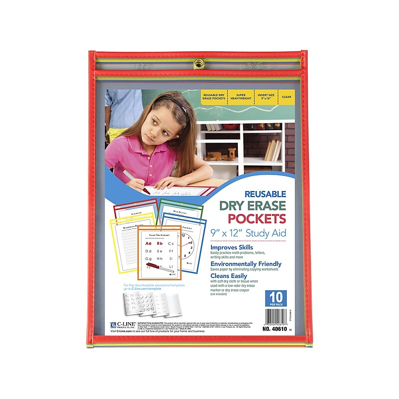 C-Line Reusable Dry Erase Pockets, Assorted Colors, 10/Pack, 5 Packs/Carton (CLI40610CT) image 1