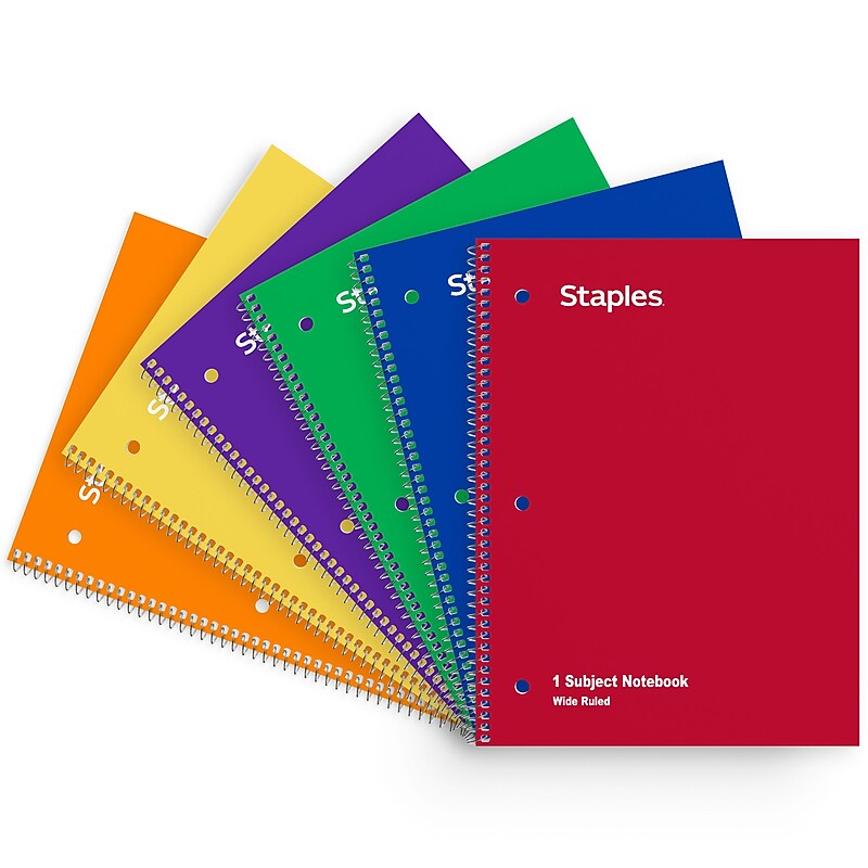 Staples 1-Subject Notebooks, 8" x 10.5", Wide Ruled, 70 Sheets, Assorted Colors, 6/Pack (ST11667C) image 1