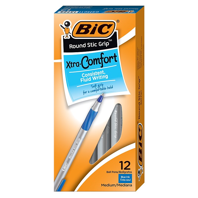 BIC Round Stic Grip Xtra Comfort Ballpoint Pens, Medium Point, 1.2mm, Blue Ink, Dozen (GSMG11BE) image 1