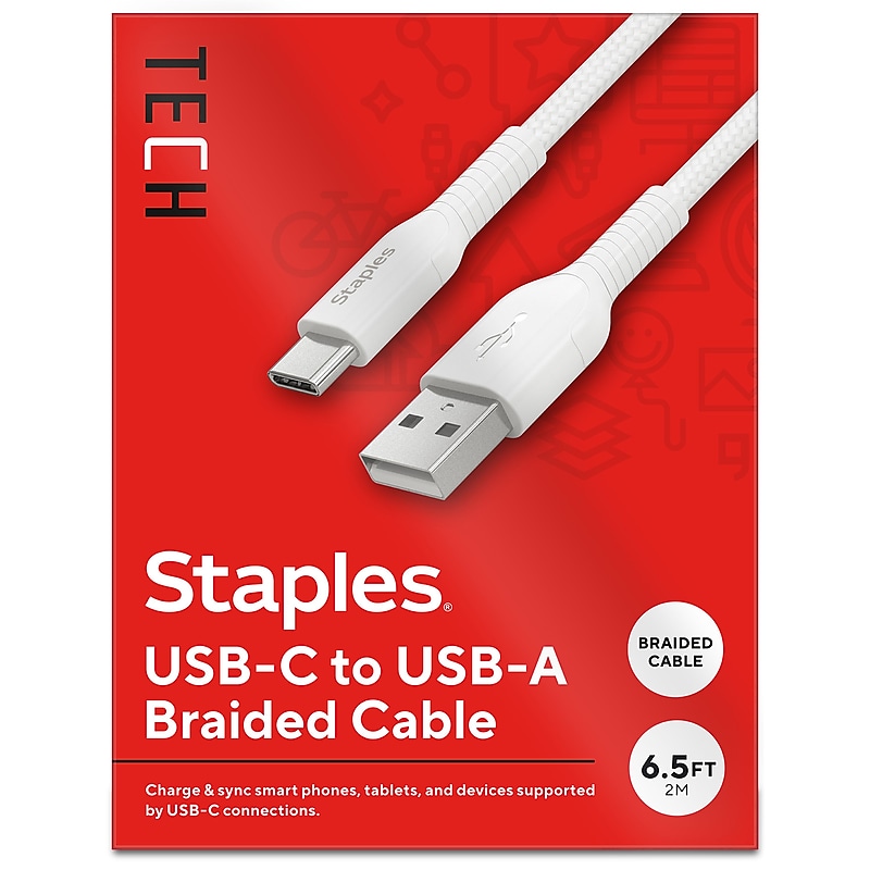 Staples TECH USB-C to USB-A Charging Cable, 6.5 ft., White (ST62338) image 1