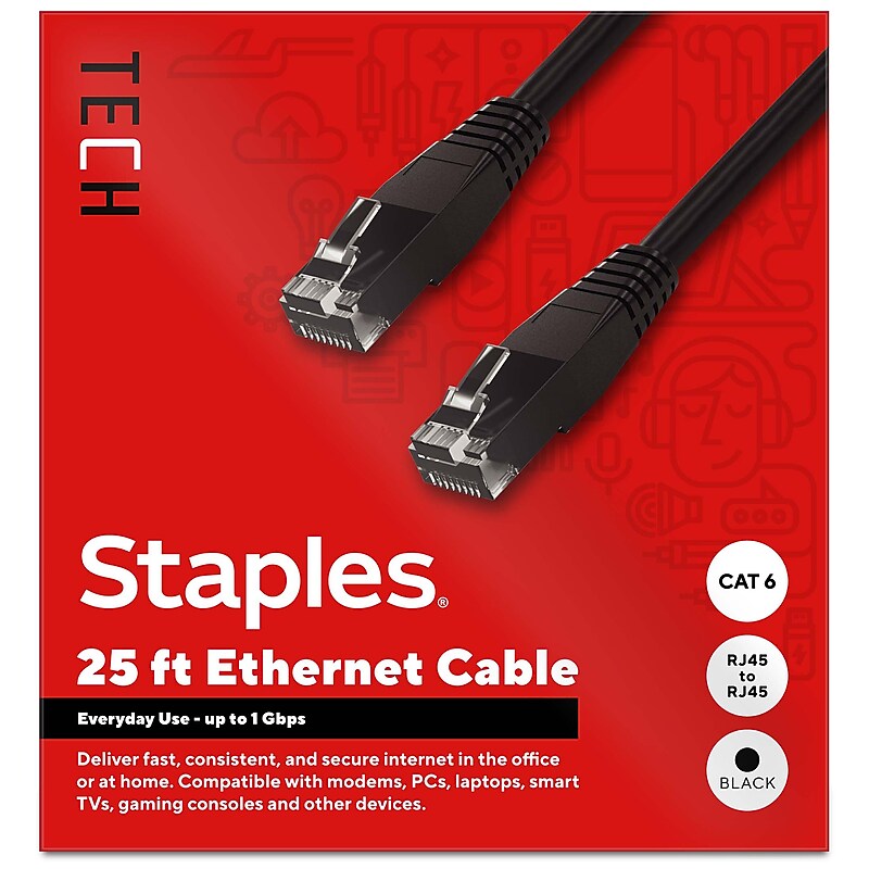 Staples TECH 25 ft. Cat-6 Ethernet Cable, Male to Male, Black (ST62457) image 1