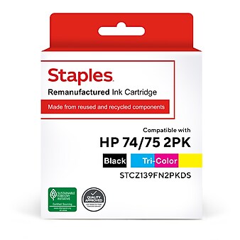 Staples Remanufactured Black/Tri-Color Standard Yield Ink Cartridge Replacement for HP 74/75 (TRCZ139FN2PK/STCZ139FN2PK), 2/Pack