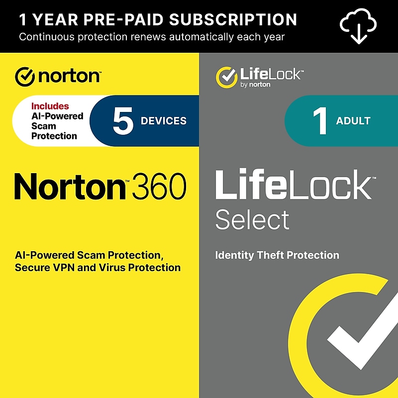 Norton 360 Deluxe with LifeLock Select for 5 Devices, Windows/macOS/Android/iOS, Download (21435235) image 1