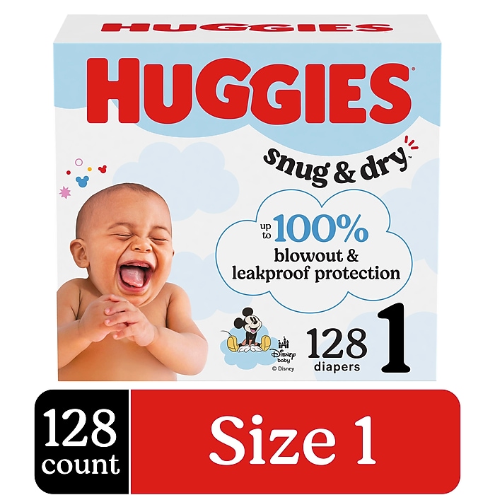 Huggies Snug Dry Baby Diapers, Size 1, 128/Carton (54645/56432
