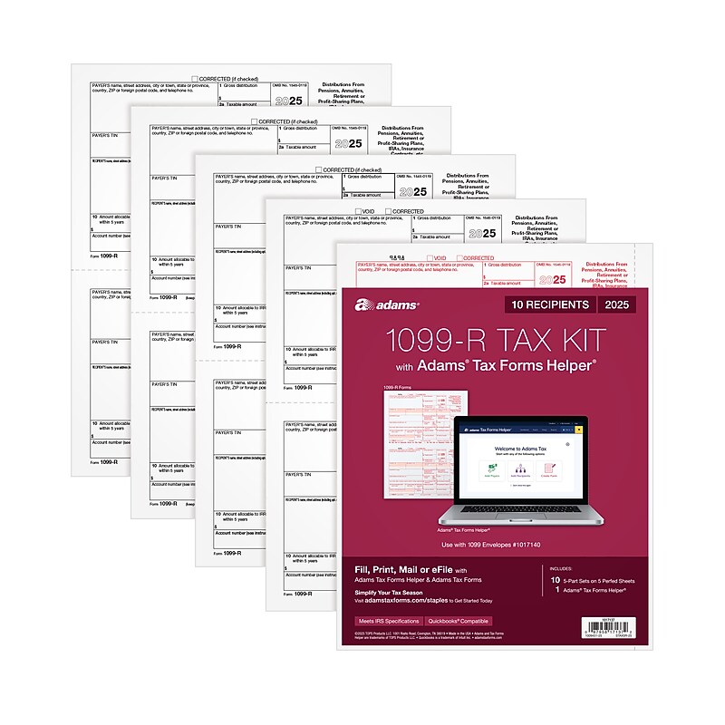Adams 2025 1099-R Tax Forms Kit, 5-Part, 2-Up, 10/Pack (STAX5R-25) image 1