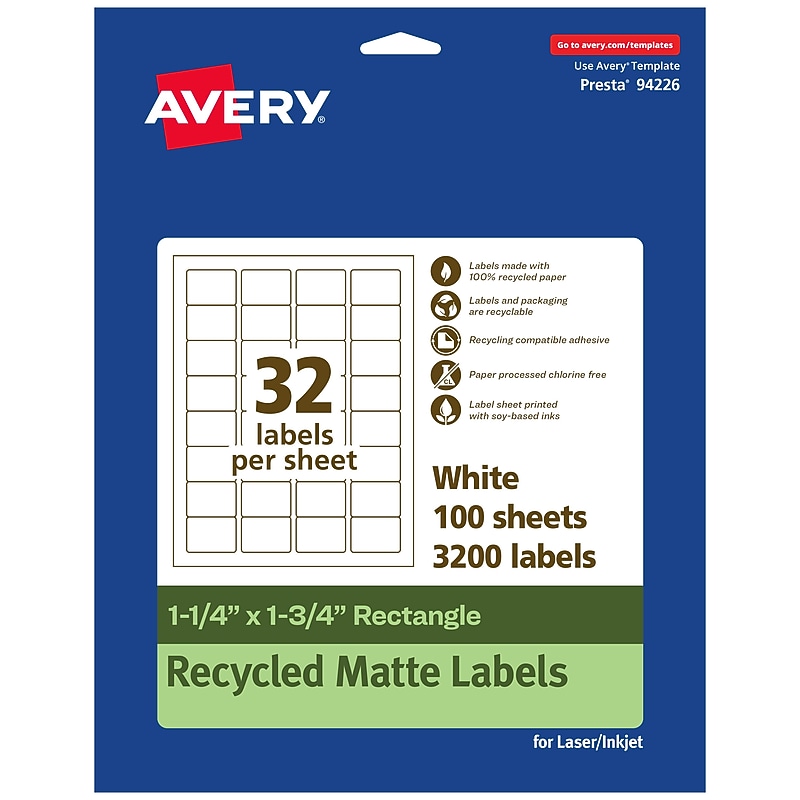 Avery EcoFriendly Laser/Inkjet Rectangle Multipurpose Labels, 1-1/4" x 1-3/4", White, 3200/Box (94226) image 1