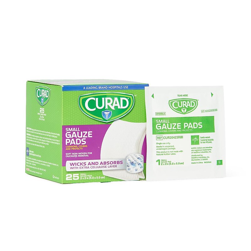 Curad 1-Ply Sterile Non-Adherent Non-Woven Gauze, 2" x 2", 25 Pads/Pack, 24 Packs/Carton (CUR20423RBI) image 1