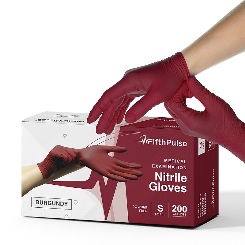 FifthPulse Powder Free Nitrile Gloves, Latex Free, Small, Burgundy, 200/Box (FMN100424) image 1