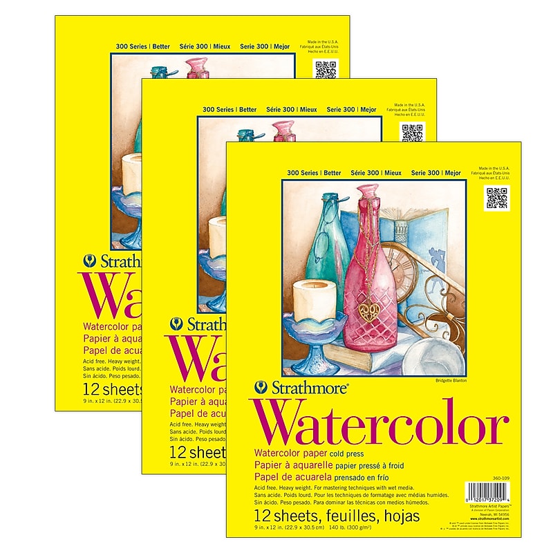Strathmore 300 Series 9" x 12" Tape Bound Watercolor Sketch Pad, 12 Sheets/Pad, 3/Bundle (STTP36010903-3) image 1