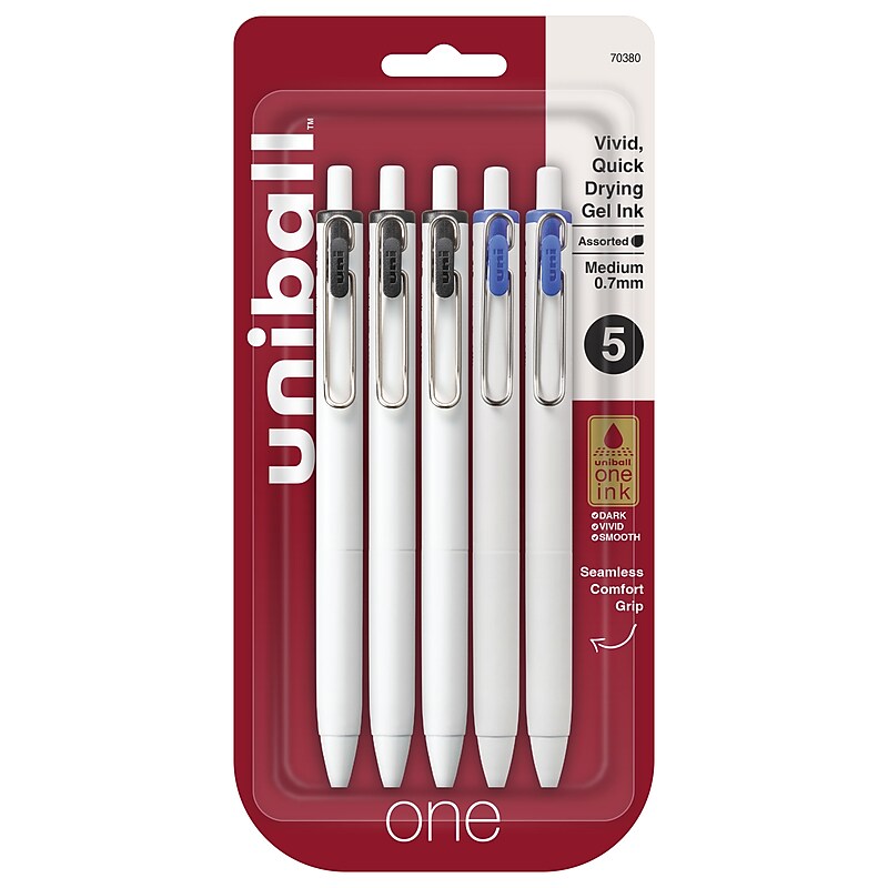 uni-ball one Retractable Gel Pens, Medium Point, 0.7mm, Black/Blue Ink, 5/Pack (70380) image 1