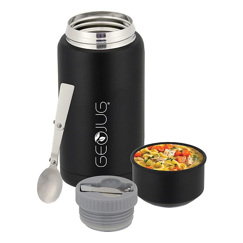 Brentwood Geojug Stainless Steel Double Walled Food Jar with Bowl & Folding Spoon, 25 oz., Black (FTS-750BK) image 1