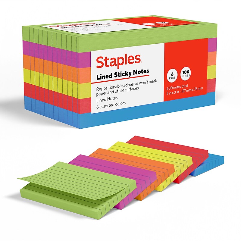 Staples Sticky Notes, 3" x 5", Summer Breeze Collection, Lined, 100 Sheets/Pad, 6 Pads/Pack (ST62870) image 1