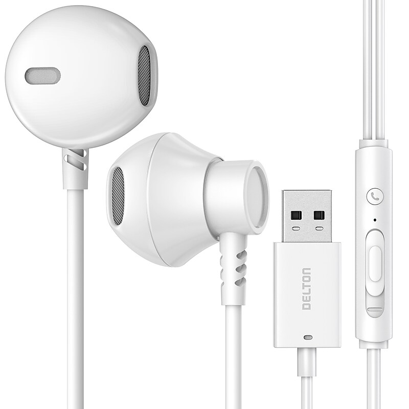Delton 10E USB Wired Computer Earbuds with Microphone, White (DWH10EWH) image 1