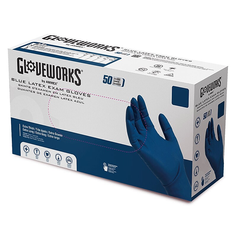 GloveWorks Powder Free Latex Food Safe Exam Gloves, Medium, Blue, 50 Gloves/Box, 10 Boxes/Carton (GPLHD84100XX) image 1