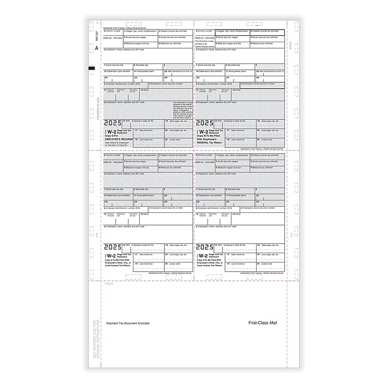 ComplyRight 2025 Pressure-Seal W-2 Tax Form, 1-Part, 4-Up, 500/Pack (5224B) image 1