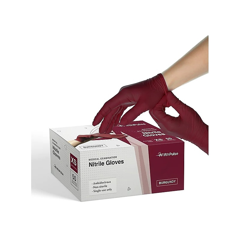 FifthPulse Powder Free Nitrile Gloves, Latex Free, X-Small, Burgundy, 50/Box (FMN100387) image 1