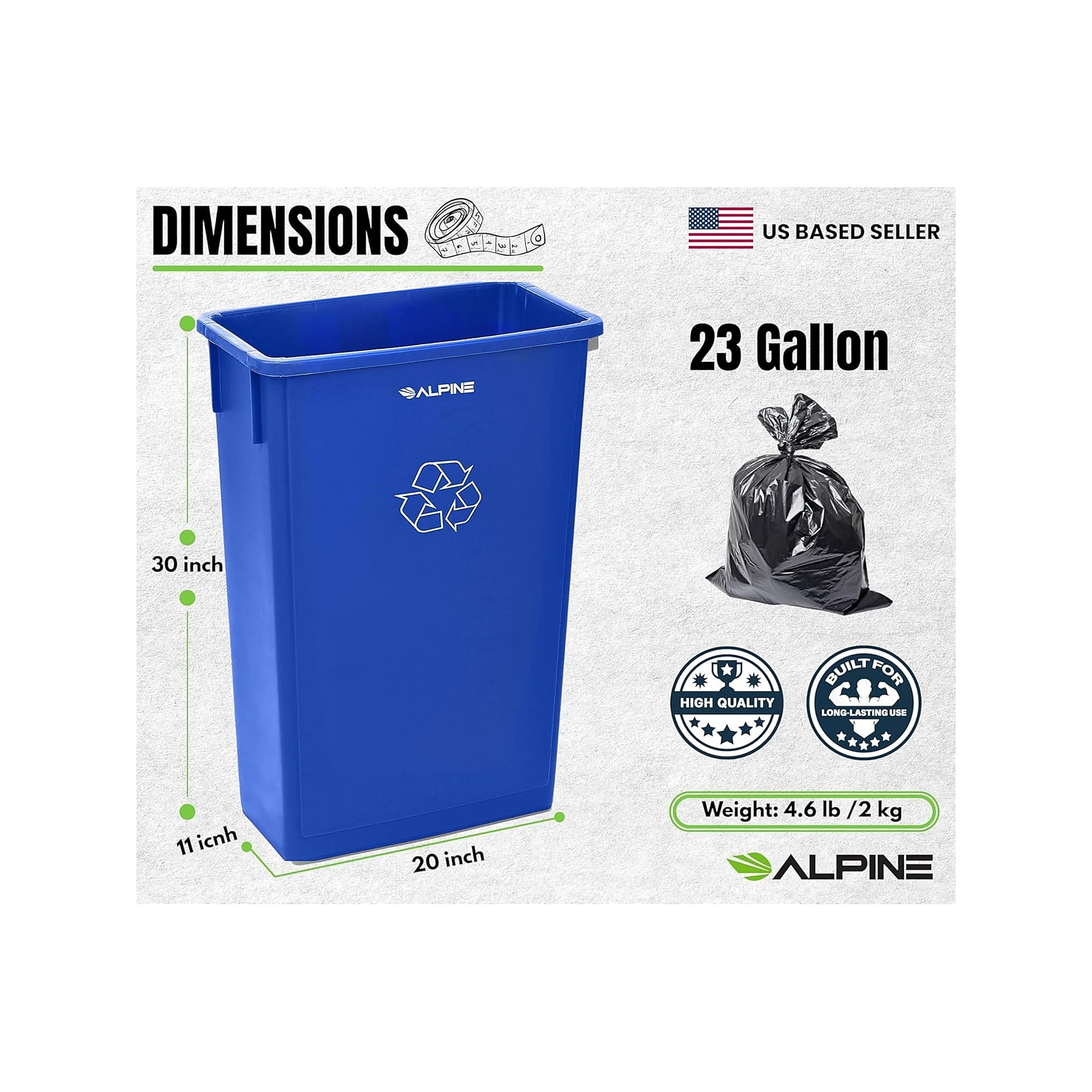 Alpine Industries Polypropylene Recycling Bin, 23 Gallon, Blue, 2/Pack (ALP477-R-BLU-PKG3-2) Sansujyuku sansujyuku.com
