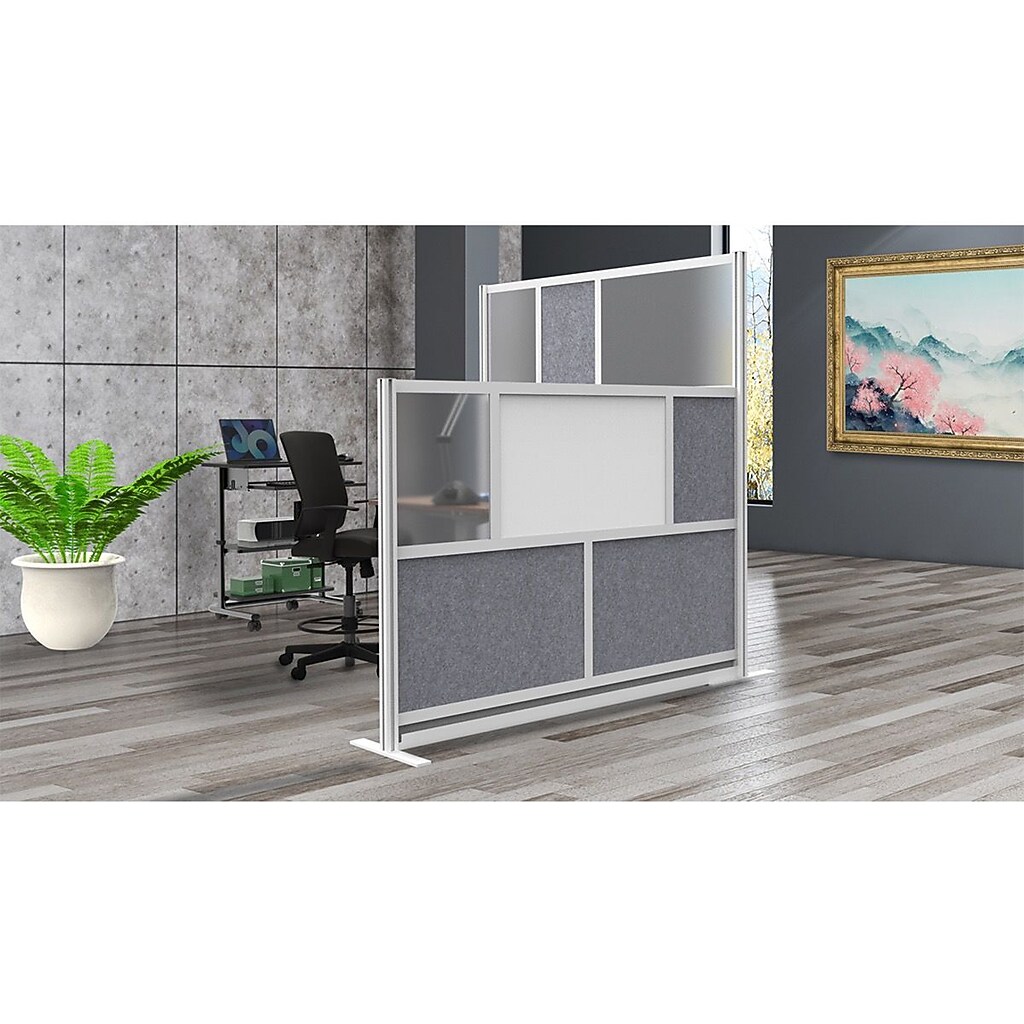 Angle view of partition with gray fabric panels in a modern office