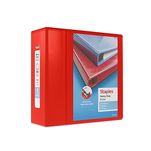 Staples Heavy Duty 5" 3Ring View Binder, DRing, Red (ST56300CC