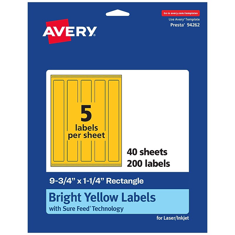 Avery Laser/Inkjet Rectangle Multipurpose Labels, 9.75" x 1.25", Bright Yellow, 200/Pack (94262) image 1