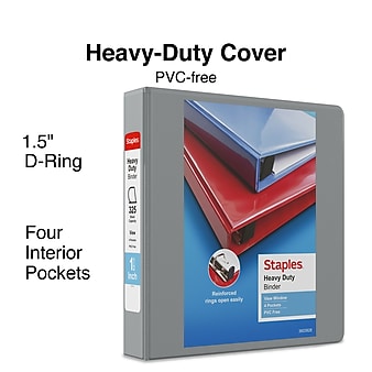 Staples Heavy Duty 1 1/2" 3-Ring View Binder with D-Rings and Four Interior Pockets, Gray (ST56329-CC)