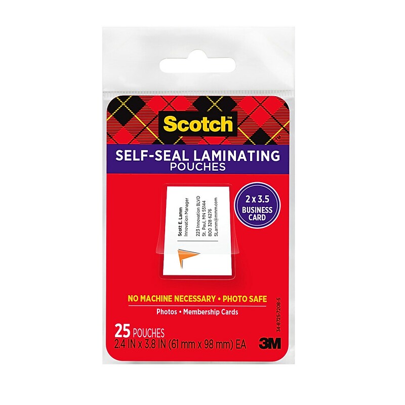Scotch Self-Sealing Laminating Pouches, 9.5 mil, 2 7/16 x 3 7/8, Business Card 25