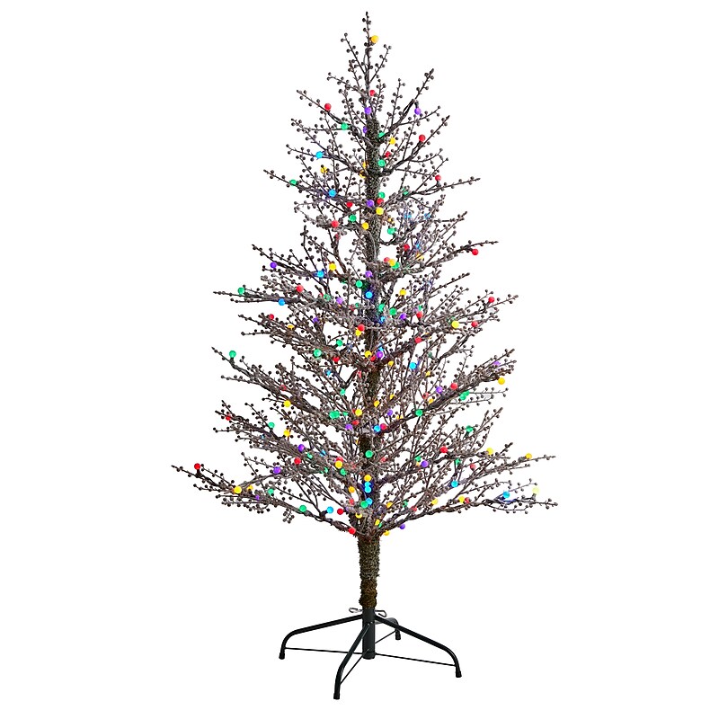 Nearly Natural 5-ft Frosted Berry Twig Artificial Christmas Tree with 200 Multicolored Gum Ball LED Lights (T1564) image 1