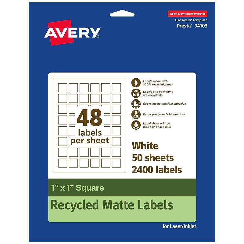 Avery EcoFriendly Laser/Inkjet Square Multipurpose Labels, 1" x 1", White, 2400/Box (94103) image 1