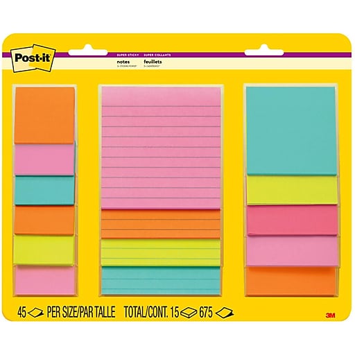 Stedord mærke Monograph Post-it Super Sticky Notes, Assorted Sizes, Supernova Neons Collection,  Lined, 15 Pads/Pack (4423-15SSMIA) | Staples