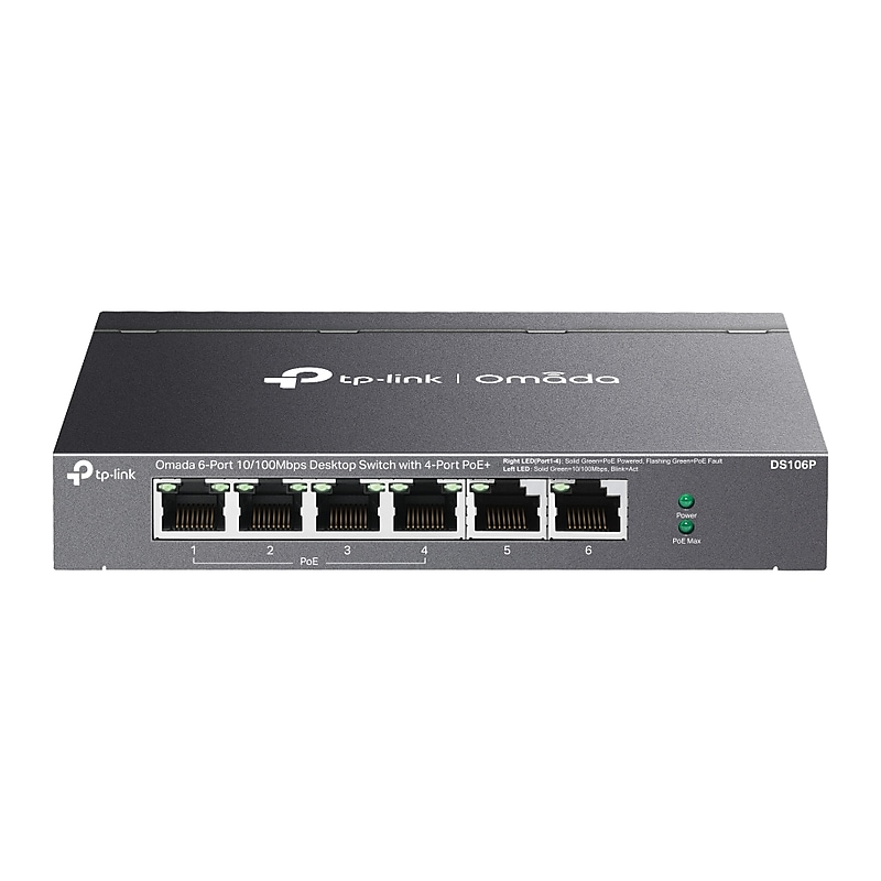 TP-Link Omada 6-Port Fast Ethernet PoE Unmanaged Desktop Switch, 10/100 Mbps, Black (DS106P) image 1