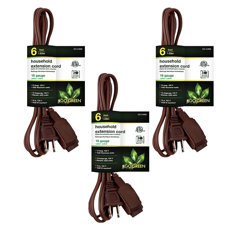 GoGreen Power 6' Extension Cord, 3-Outlet, 16 AWG, Brown (GG-24806-10) image 1