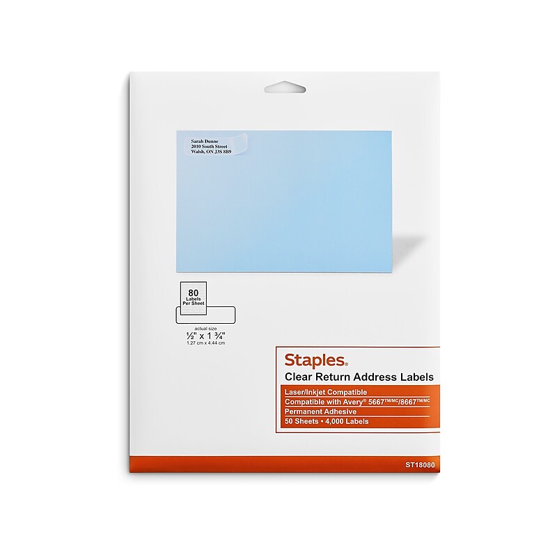 Staples Laser/Inkjet Address Labels, 1/2" x 1 3/4", Clear, 80 Labels/Sheet, 50 Sheets/Pack, 4000 Labels/Box (ST18080-CC) image 1