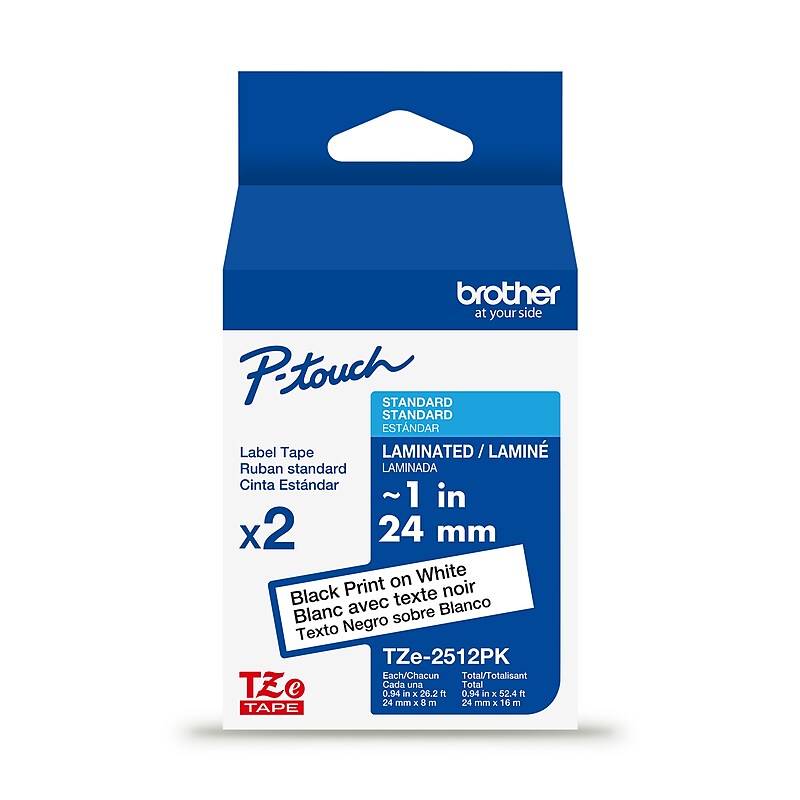 Brother P-touch Laminated Label Tape, ~1" x 26.2', Black on White, 2/Pack (TZe2512PK) image 1