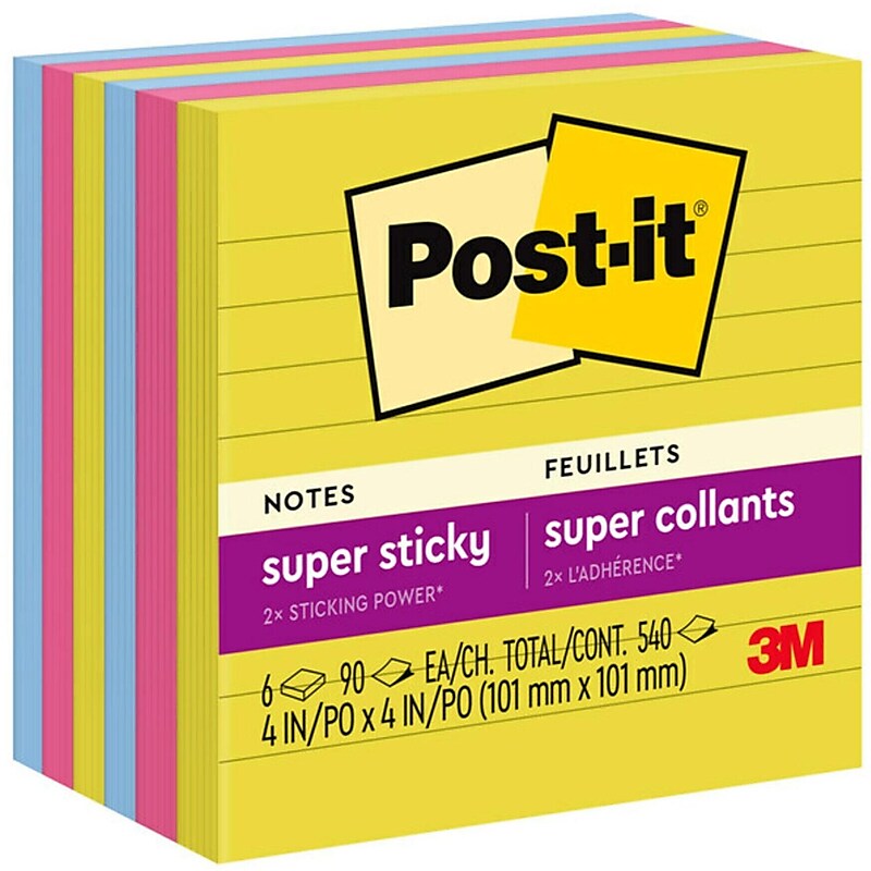 Post-it Super Sticky Notes, 4" x 4", Summer Joy Collection, Lined, 90 Sheets/Pad, 6 Pads/Pack (675-6SSJOY) image 1