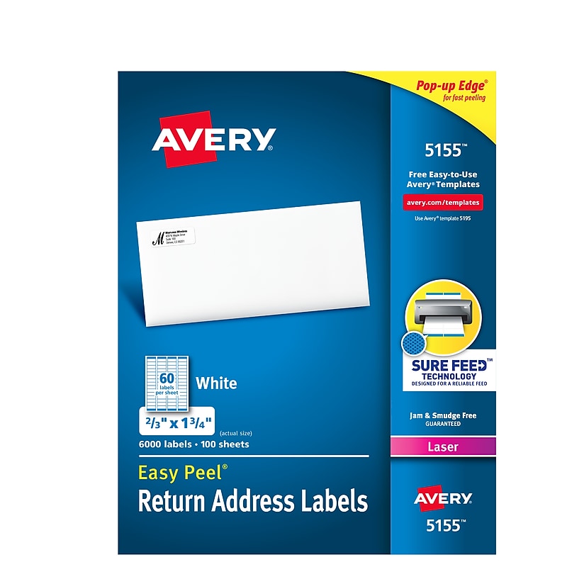 Avery Easy Peel Laser Return Address Labels, 2/3" x 1-3/4", Glossy White, 6,000 Labels/Pack (5155) image 1