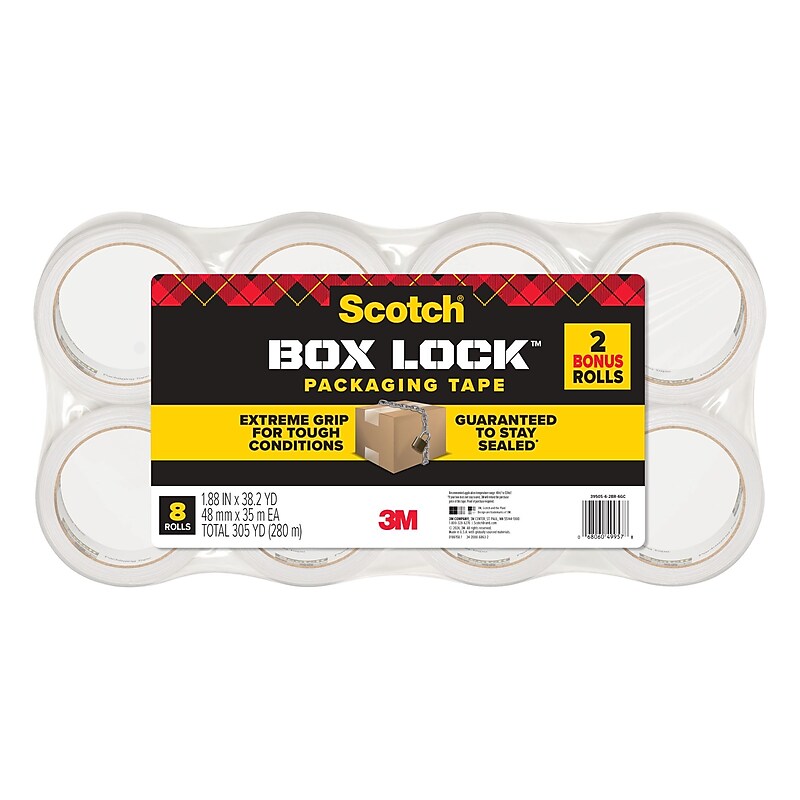 Scotch Box Lock Heavy Duty Packing Tape, 1.88" x 38.2 yds., Clear, 8/Pack (3950S-6-2BR6GC) image 1