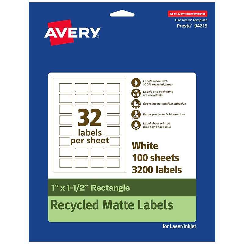 Avery EcoFriendly Laser/Inkjet Multipurpose Labels, 1" x 1-1/2", White, 3200/Box (94219) image 1