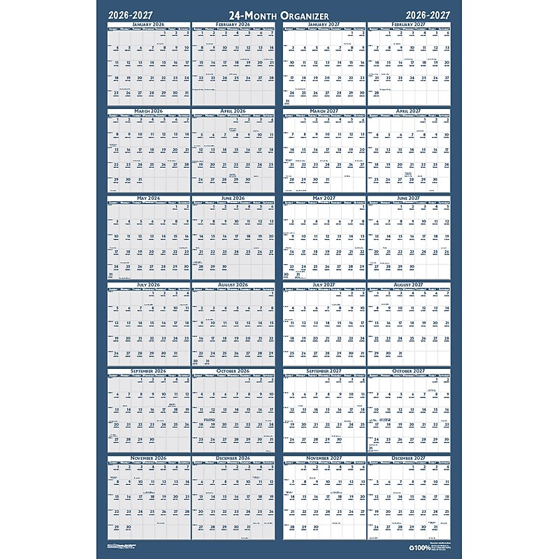 2026-2027 House of Doolittle 37" x 24" Monthly Dry Erase Wall Calendar, Reversible, Blue (3964-26) image 1