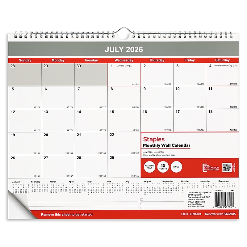 2026-2027 Staples 15" x 12" Academic Monthly Wall Calendar, White/Red/Gray (ST62816-27) image 1