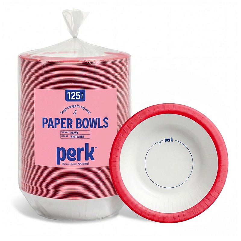 Perk™ Heavy-Weight Paper Bowl, 12 oz., White/Red, 125/Pack (PK54332) image 1